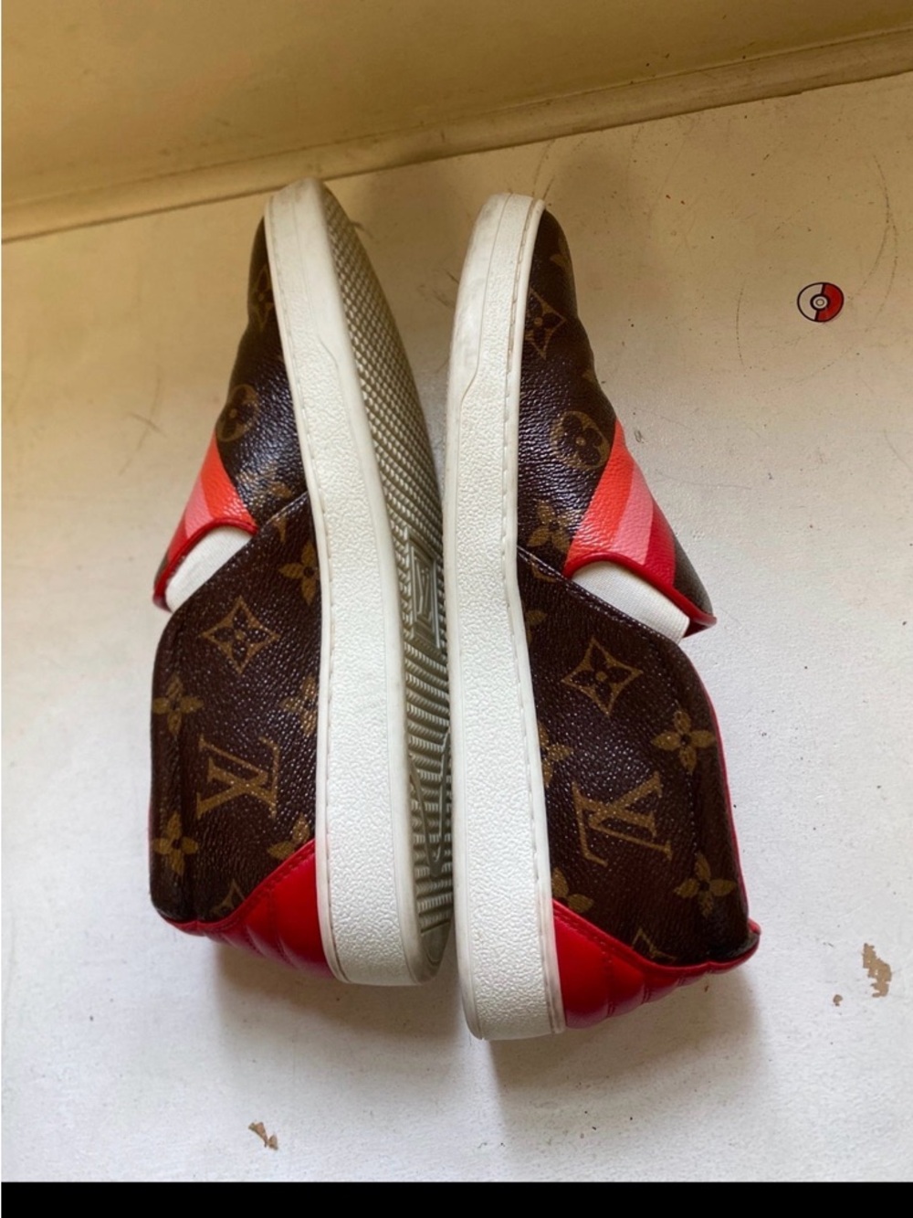 Louis Vuitton Brown Monogram Slip-Ons with Red and Pink Diagonal Stripes - Picture 3 of 5